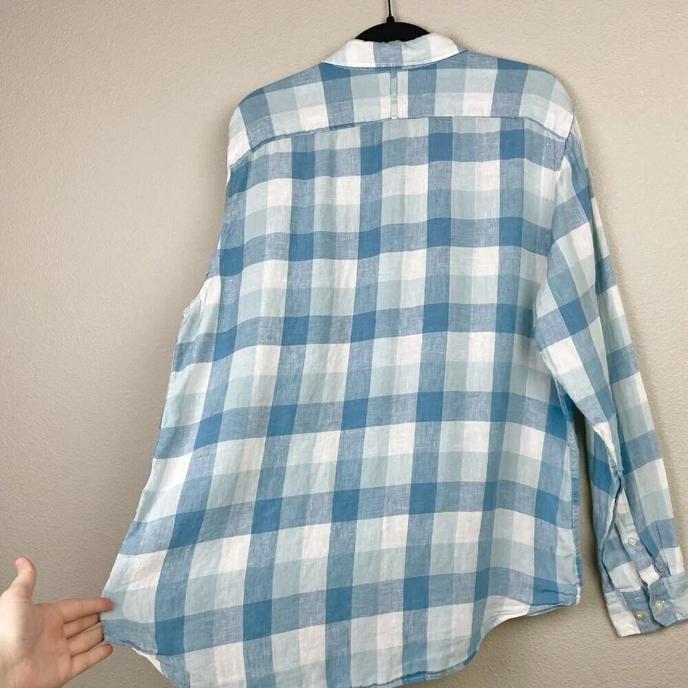 Banana Republic Men's Large Camden Fit 100% Linen Plaid Shirt Collare Button Blu